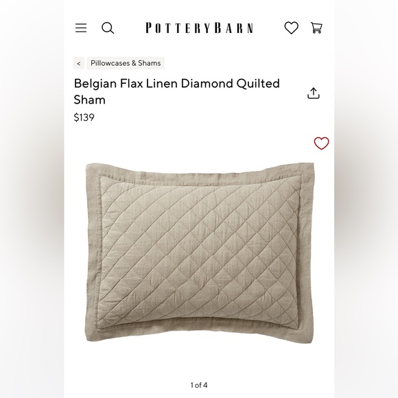 Pottery Barn dark flax Belgian linen quilted standard sham - Picture 1 of 4